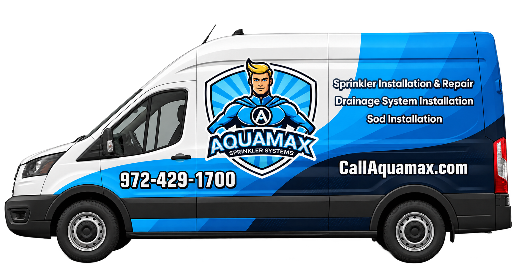 Aquamax Sprinkler Systems service van with phone number 972-429-1700